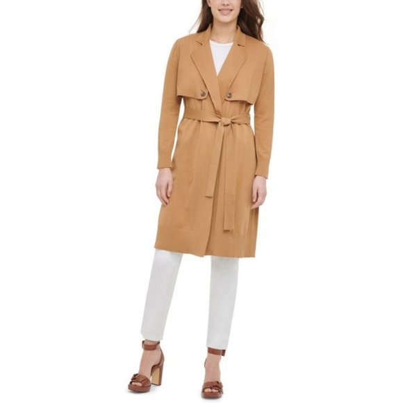 CALVIN KLEIN Luggage Tan Belted Trench Cardigan Jacket sz M